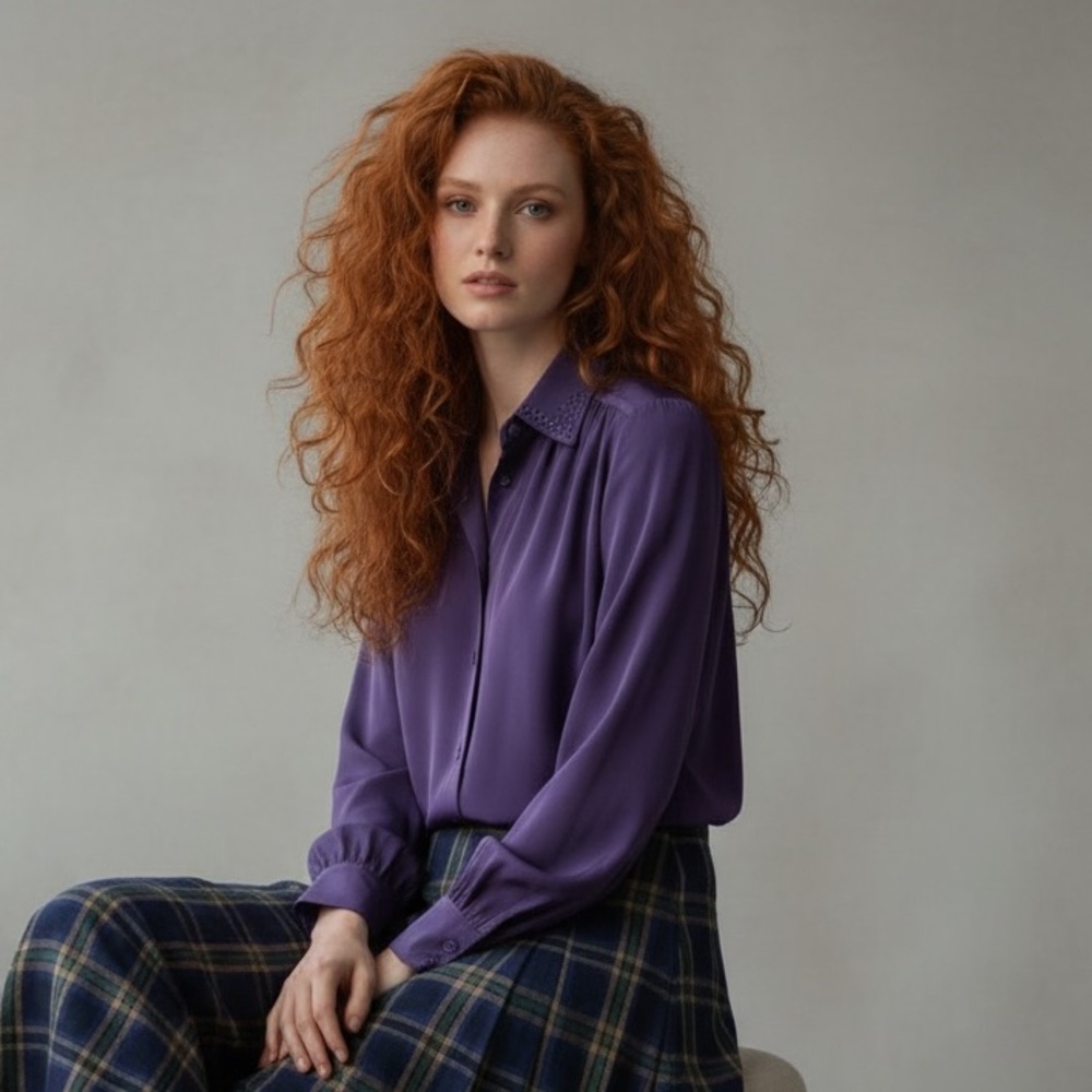 Vintage Jeremy Scott Braemar Silky Purple Button-Up Blouse Size 10P